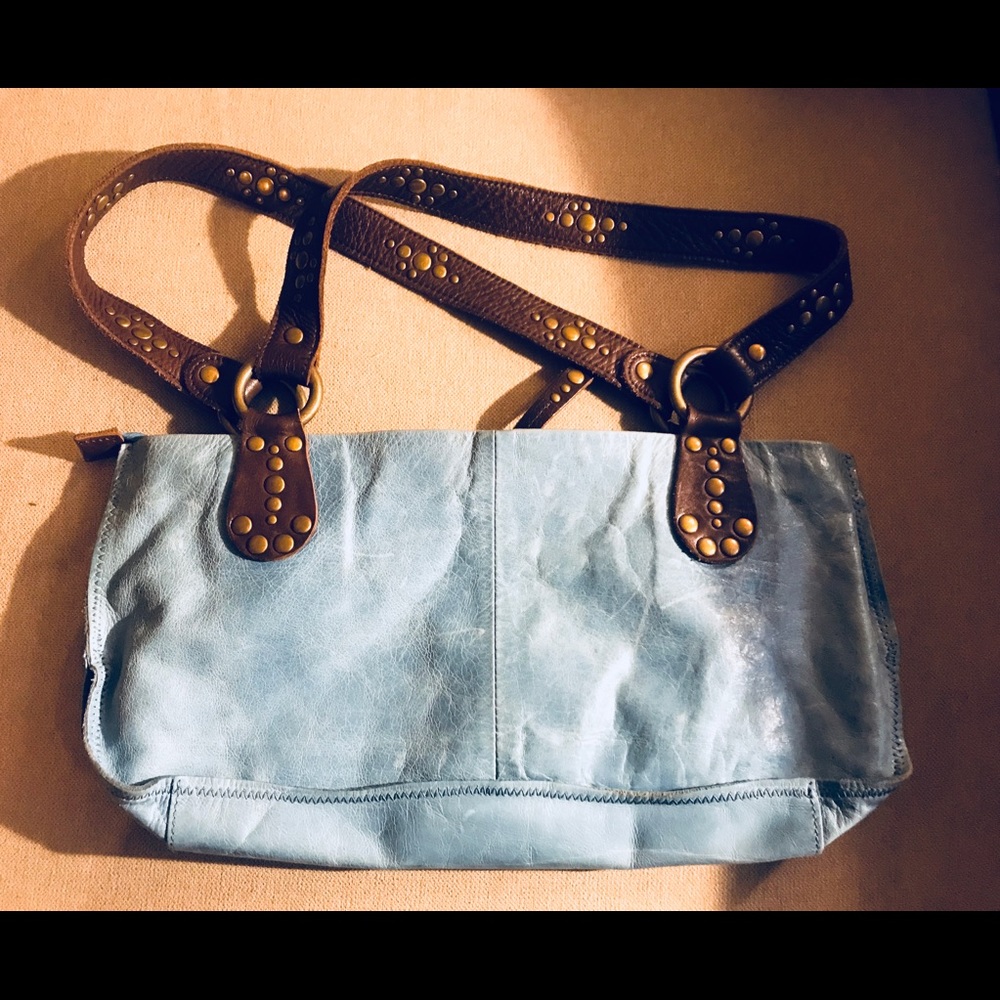 Blue and Brown Studded Leather Shoulder Bag